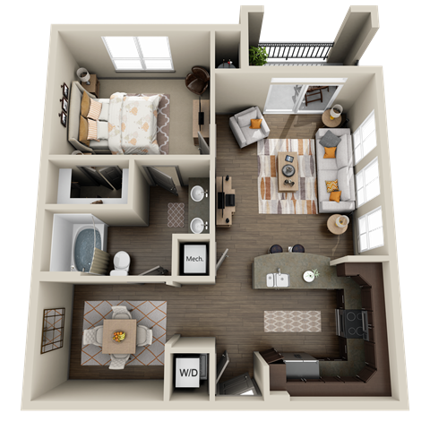Floor plan for 1 bed, 1 bath, 812 sqft